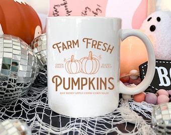 Vintage pumpkin mug, autumn mug, Halloween mug, farm fresh pumpkins ceramic mug, country house style, cute coffee mug, Thanksgiving gift