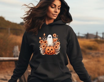 Bluza z kapturem Ghost Halloween Pumpkin, sweter z dyni jesienią, bluza jesienna, koszula z okazji Święta Dziękczynienia, sweter jesienny, przytulna koszulka, jesienna bluza z kapturem Boho
