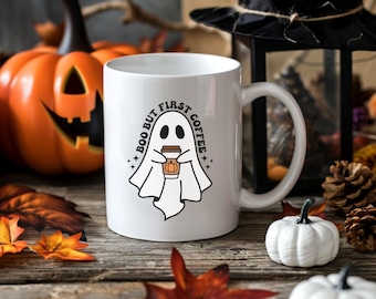 Cute Halloween mug with ghost, Cute Coffee Mug for Coffee Lovers, Boo but first Coffee, Autumn mug saying, Cute ghost ceramic mug,