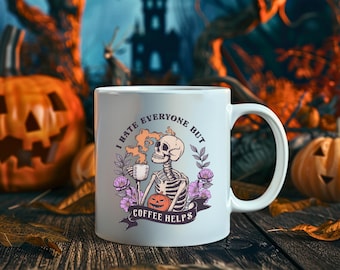 Retro Halloween mug with skeleton, gothic vintage mug, sarcastic mug, autumn mug, funny antisocial ceramic mug, witchy mug