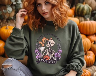 Retro Halloween Sweatshirt, Vintage Fall Hoodie, Pumpkin Shirt, Skeleton, Boho, Coffee Sayings, I hate everyone but coffee helps quote