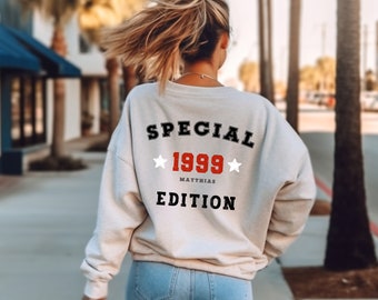 Personalisiertes Sweatshirt mit Jahreszahl, Special Edition mit Name, Backprint, Rücken Applikation, Geburtstag T-Shirt personalisiert retro