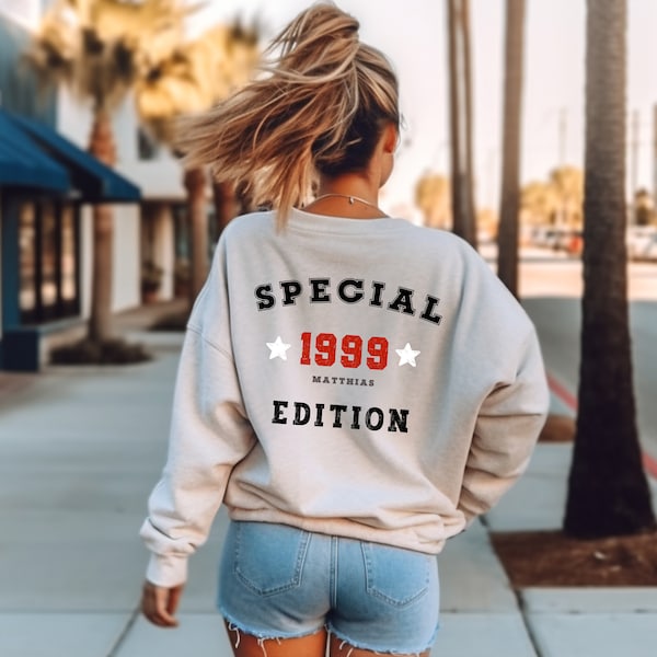 Gepersonaliseerd sweatshirt met jaartal, speciale editie met naam, print op de achterkant, applicatie op de achterkant, verjaardags-T-shirt gepersonaliseerd retro