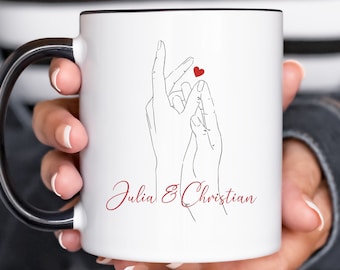 Personalisierte Partner Tasse Hände, Becher Liebe, Becher Valentinstag, Geschenk für Partner, zwei Hände Becher, Zusammenhalt Herz