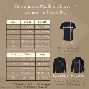 Pu&ograve; includere: Tabella delle taglie per t-shirt e felpe in taglie S, M, L, XL e 2XL. La tabella mostra le misure del torace e della lunghezza in pollici e centimetri. Le t-shirt sono realizzate in 100% cotone, mentre le felpe sono realizzate in cotone e poliestere.