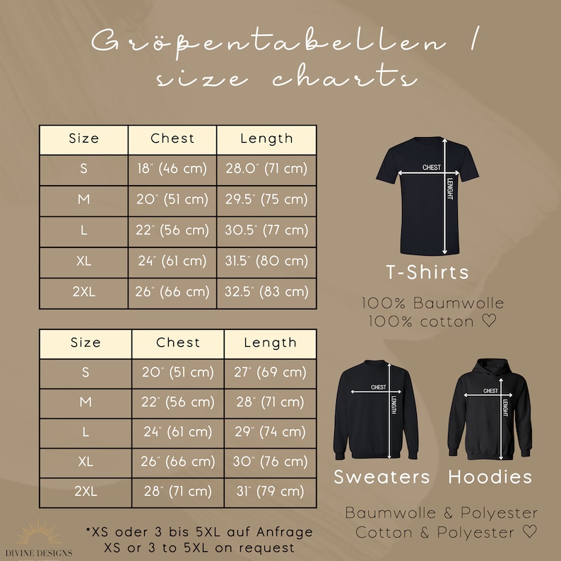 Pu&ograve; includere: Tabella delle taglie per t-shirt e felpe in taglie S, M, L, XL e 2XL. La tabella mostra le misure del torace e della lunghezza in pollici e centimetri. Le t-shirt sono realizzate in 100% cotone, mentre le felpe sono realizzate in cotone e poliestere.