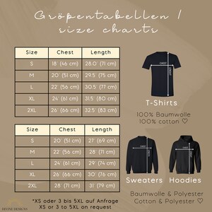 May include: Size chart for t-shirts and sweatshirts in sizes S, M, L, XL, and 2XL. The chart shows chest and length measurements in inches and centimeters. T-shirts are 100% cotton and sweatshirts are made of cotton and polyester.