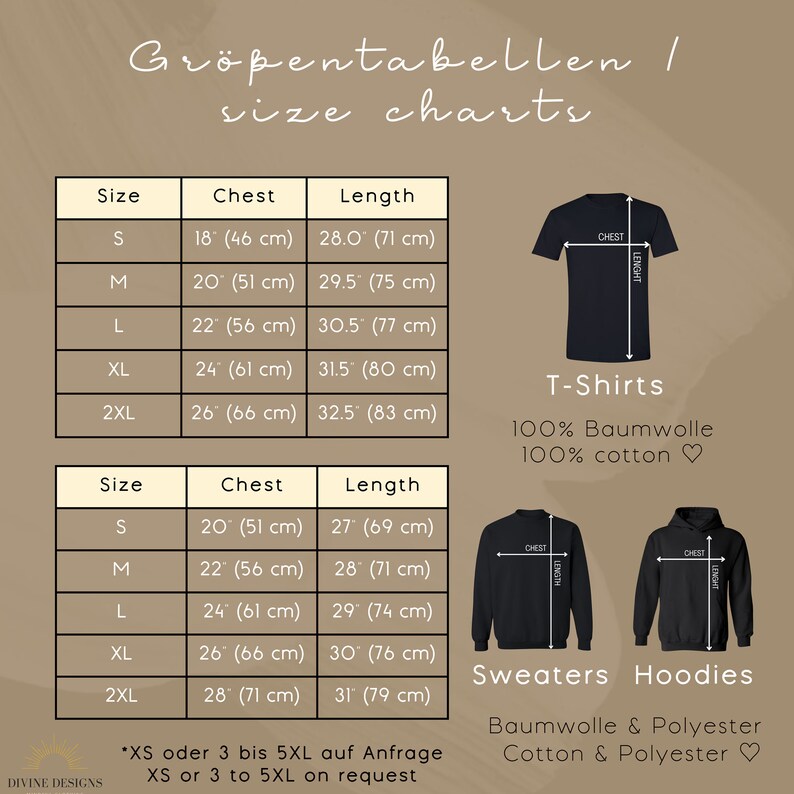 May include: Size chart for t-shirts and sweatshirts in sizes S, M, L, XL, and 2XL. The chart shows chest and length measurements in inches and centimeters. T-shirts are 100% cotton and sweatshirts are made of cotton and polyester.