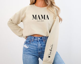 Sudadera con capucha de mamá personalizada con nombre y año, fuente de manga de sudadera de mamá, regalo de nueva mamá, anuncio de futura mamá, Día de la Madre