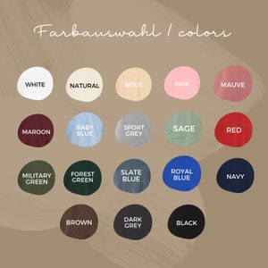 Pu&ograve; includere: Tabella colori con 18 diversi campioni di colore. I colori includono bianco, naturale, beige, rosa, malva, marrone, azzurro, grigio sportivo, salvia, rosso, verde militare, verde bosco, blu ardesia, blu reale, blu navy, marrone, grigio scuro e nero.