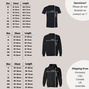 May include: Size chart for t-shirts, sweatshirts, and hoodies. The chart shows the chest and length measurements in inches and centimeters for sizes XS to 4XL.