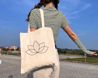 Borsa tote in cotone organico, minimalista, loto, borsa per la spesa, estate, spirituale, borsa di cotone, borsa per la spesa, borsa di iuta, borsa in tessuto
