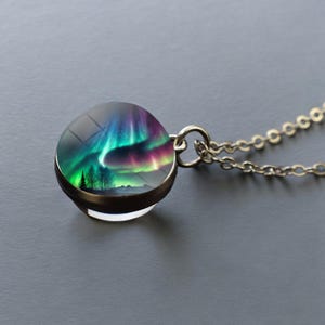 Luminous Aurora Borealis Silver Necklace - Northern Light Jewelry - Unique Double Side Glass Ball Pendent Necklace Gift