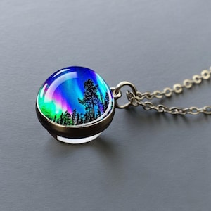 Luminous Aurora Borealis Silver Necklace - Northern Light Jewelry - Unique Double Side Glass Ball Pendent Necklace Gift