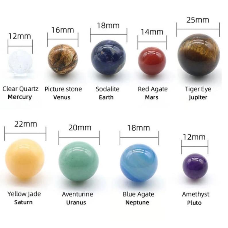 May include: A set of 10 round gemstone beads representing the planets in our solar system. The beads are various colors and sizes, ranging from 12mm to 25mm in diameter. Each bead is labeled with the name of a planet and its corresponding gemstone.