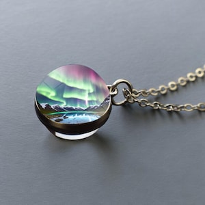 Luminous Aurora Borealis Silver Necklace - Northern Light Jewelry - Unique Double Side Glass Ball Pendent Necklace Gift