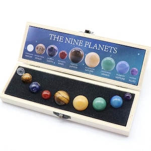 May include: A wooden box with a blue and white background containing nine small, round, gemstone planets. The planets are labeled with the names of the planets in our solar system: Mercury, Venus, Earth, Mars, Jupiter, Saturn, Uranus, Neptune, and Pluto.