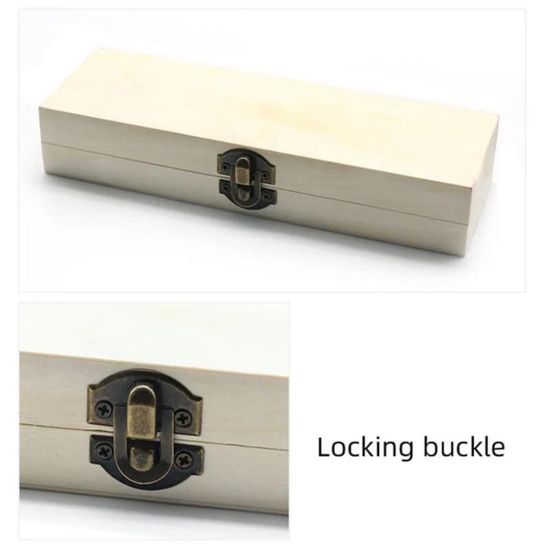 May include: A white wooden box with a brass locking buckle. The box is closed and the buckle is visible.