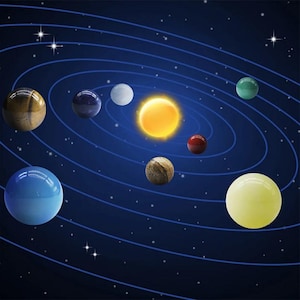 May include: A solar system model with a yellow sun and eight planets made of different colored stones. The planets are arranged in a circular pattern around the sun, with the largest planet closest to the sun.