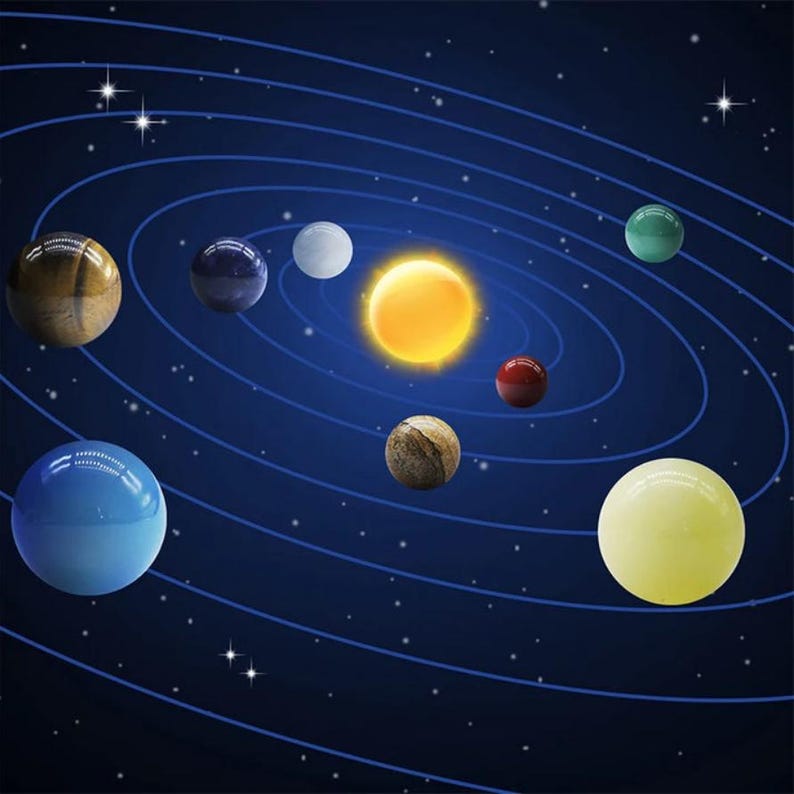 May include: A solar system model with a yellow sun and eight planets made of different colored stones. The planets are arranged in a circular pattern around the sun, with the largest planet closest to the sun.