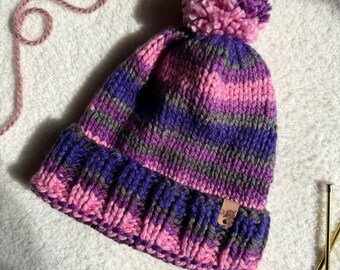 Hand Knit Chunky Beanie: Cozy Boho Warm Winter Hat; Made With Acrylic Vegan Yarn