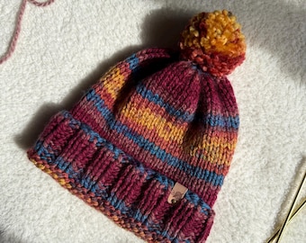 Hand Knit Chunky Beanie: Cozy Boho Warm Winter Hat; Made With Acrylic Vegan Yarn