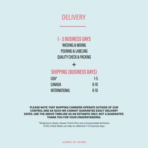 May include: A light blue graphic with the word "DELIVERY" in pink at the top. The graphic lists the steps involved in the process, including "Wicking & Mixing" and "Pouring & Labeling". It also includes shipping times for the USA, Canada, and International.