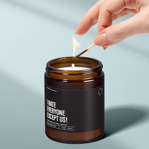May include: A brown glass jar candle with a black label that reads "I HATE EVERYONE EXCEPT US!". A lit match is held above the candle wick. The candle is 9 oz / 252 g and has a burn time of 50 hrs.