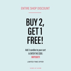 May include: Buy 2, Get 1 Free!  Add 3 candles to your cart and enter the code BUY2GET1 for a limited-time offer.  Scents of Satire.