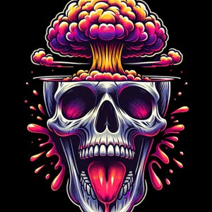 May include: A colorful illustration of a skull with a bright pink, yellow, and purple explosion erupting from the top of its head. The skull is grinning with its tongue sticking out, and there are pink splatters of paint around the skull.