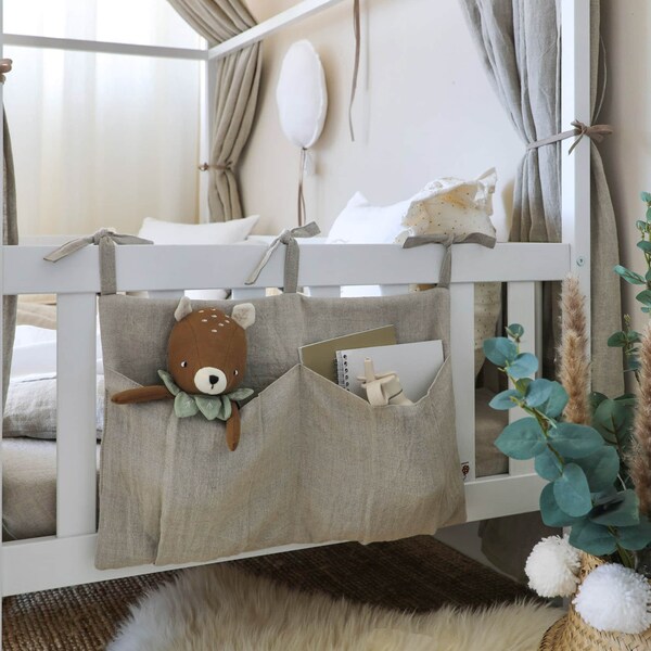 Natural Linen Crib Organizer, Personalized Baby Bed Organizer, Beige Organizer, Baby Nursery Storage, Hanging Sage Pocket, Baby Room Decor