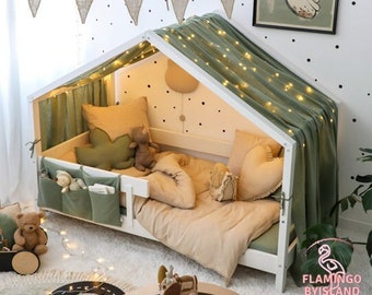 Linen Canopy for Kid House Bed Toddler, Custom Size, Linen House Bed Canopy, White Bed Canopy, Children's Room Decor, Baby Room Decor