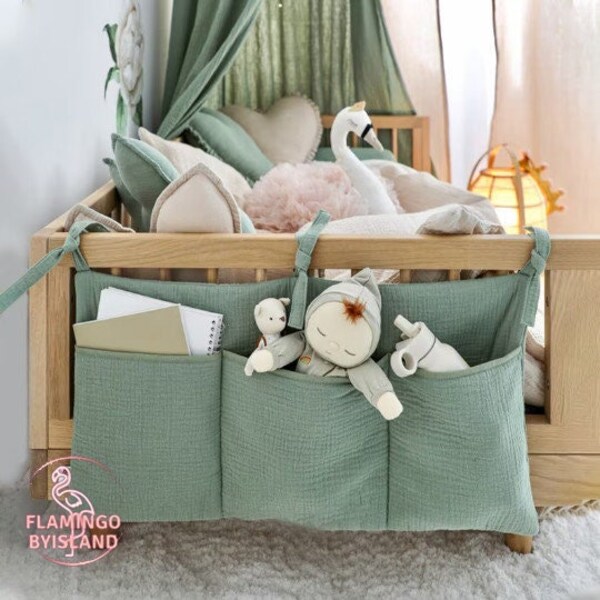 Linen Bed Pocket, Bed Storage, Bedside Pocket for Canopy, Linen Nursery Crib Organizer, Bedside Storage Bag, Double Pocket Linen Storage