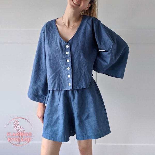 Pyjama de nuit en lin, pyjama de demoiselle d'honneur en lin, ensemble pyjama short en lin, haut ample en lin et short coupe décontractée, taille personnalisée, cadeau pour elle