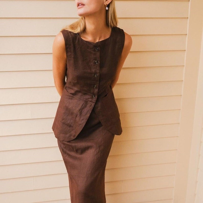 Boutique Navy Vest And Skirts Linen Two Pieces Set Summer
