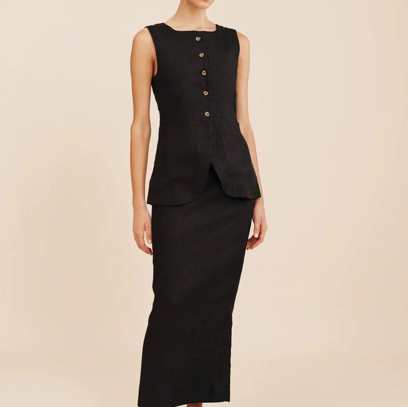 Boutique Navy Vest And Skirts Linen Two Pieces Set Summer main image 0