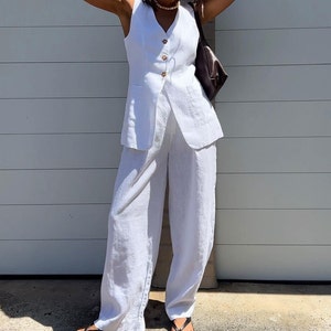 Men's Five Buttons V-neck Matching White Linen Vest & Pants Set main image 1