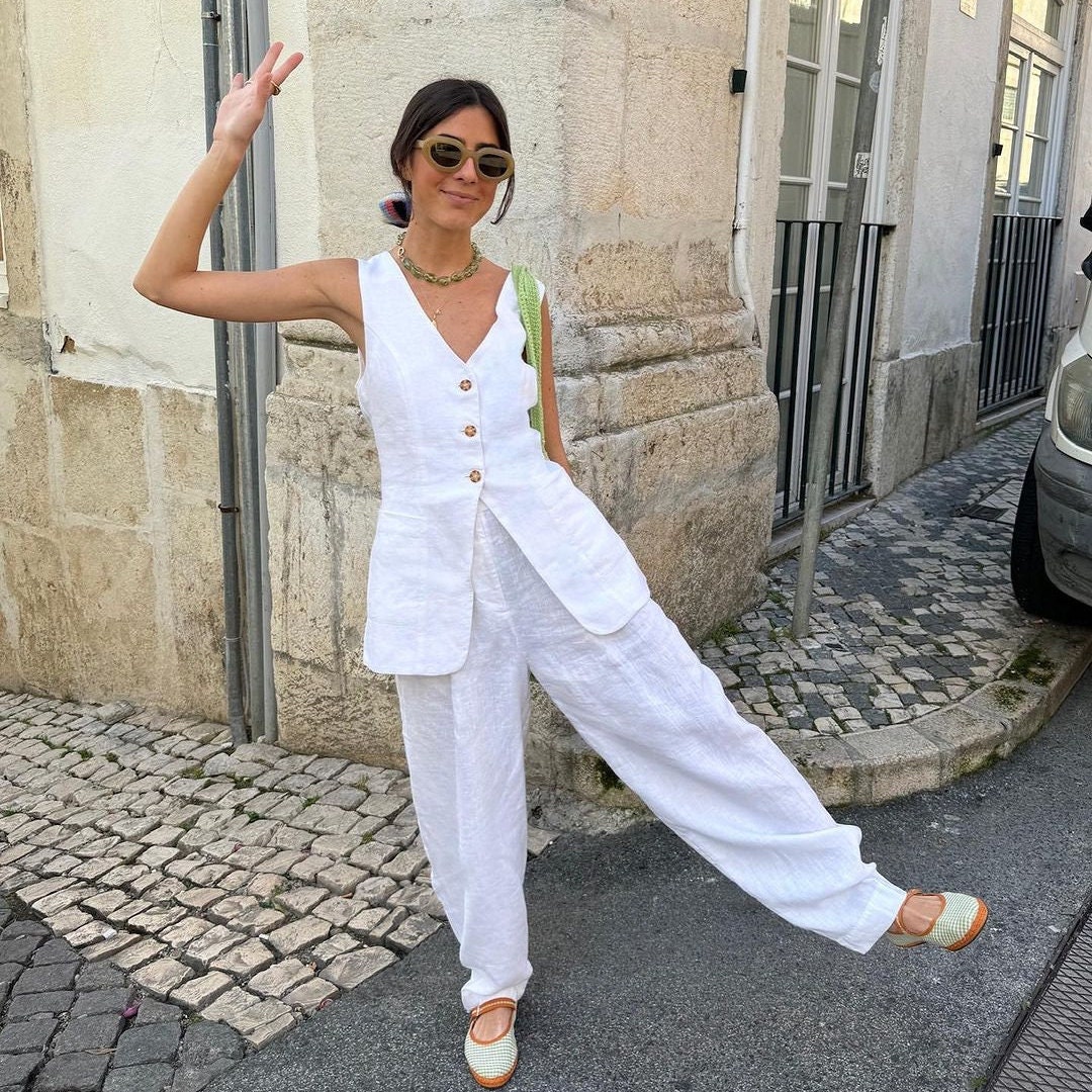 Linen Blend V-neck Long-sleeved Loose Top and Elastic Waist Casual Pocket Pants Set