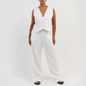 Linen Vest Woman with Pants, Front button Cropped Vest Women, Linen Formal Vest, Wide Leg Trousers, Classic Elegant Linen Set, Gift for Her image 3