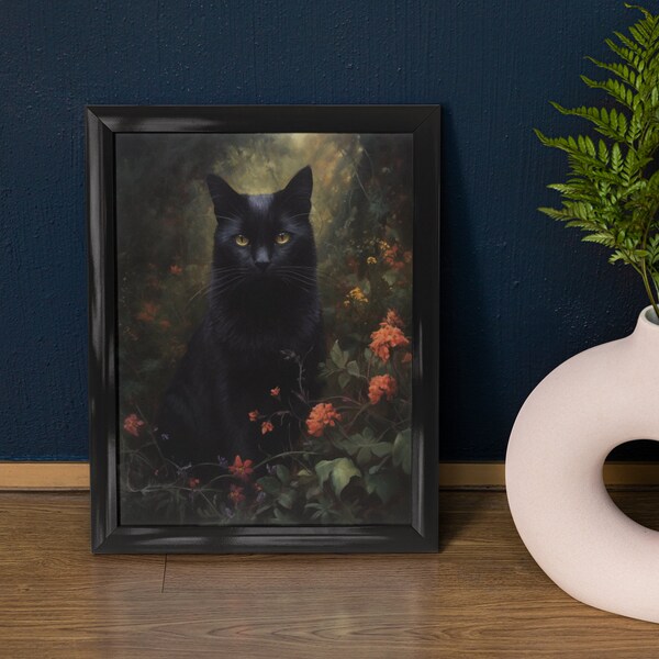 Black Cat Art Print, Black Cat Décor, Dark Academia Print, Dark Gothic Cottagecore Art, Witch Room Décor, Moody Floral, Floral Art Poster