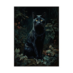 黒猫アートプリント、黒猫装飾、ダークアカデミアプリント、ダークゴシックコテージコアアート、魔女の部屋装飾、ムーディな花柄、花柄アートポスター