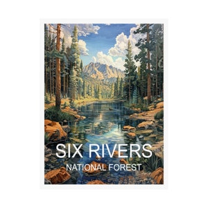 Six Rivers National Forest Reiseplakat, Landschaft Plakatkunst, Reisekunst, Reisekunstplakat, Reisewandkunst, Reisekunstwerk, Kunstdruck