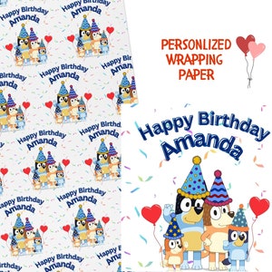 Papel de regalo de cumpleaños personalizado para perro Blue Healer Papel de regalo con deseos de cumpleaños de la familia Bluey Papel de regalo de cumpleaños personalizado