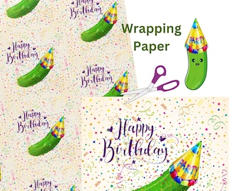 Gift Wrap Happy Birthday Pickle with Party Birthday Hat Wrapping Paper,  Birthday Dill Pickle Cucumber,  Gift Wrap  with Confetti, Unique