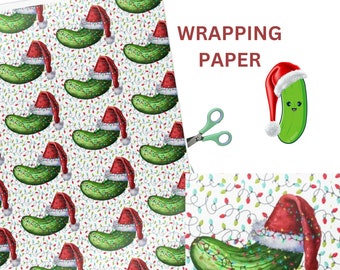 Christmas Dill Pickle with Santa Hat Wrapping Paper, Christmas Dill Pickle Cucumber, Gift Wrap with Lights, Unique