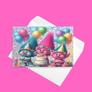 Biglietto d'auguri per troll con palloncini per torta di compleanno e busta