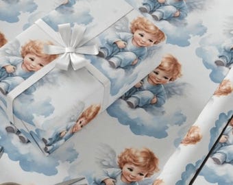 Angel Wrapping Paper Baptism Religious Gift Wrap Celestial Cloud Design Christening Confirmation Holiday Occasions