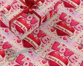 Personalized Love Heart Wrapping Paper Custom Name Romance Gift Wrap