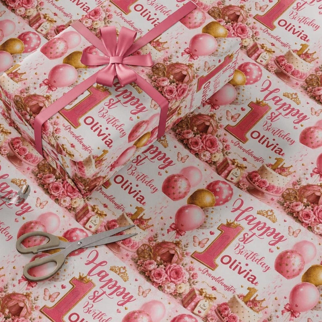 Embossed Wrapper Personalized 1st Birthday Wrap for Granddaughter, Colorful Gift Paper ...