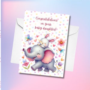 Congratulazioni per la nascita della bambina, biglietto di auguri con busta